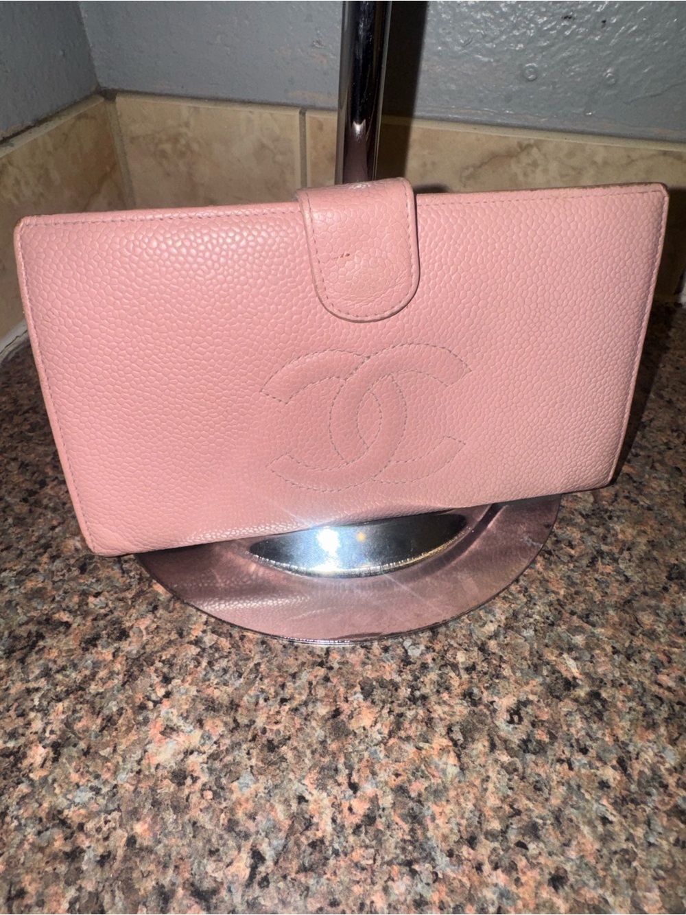 CHANEL Pink Pebbled Leather Wallet with COA